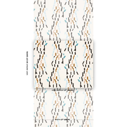 Geometric wallpaper motif with dashed vertical lines in black, tan, and teal on a pale background.