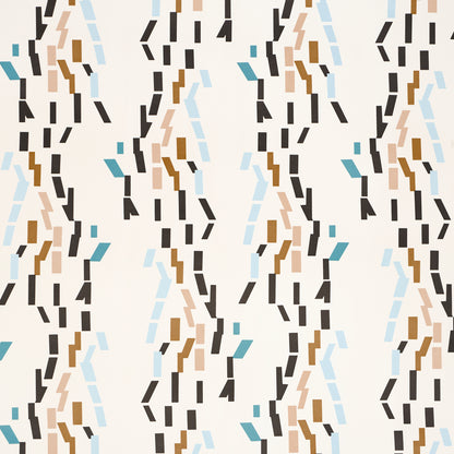 Abstract geometric print of short diagonal bars in black, tan, blue and beige on cream.
