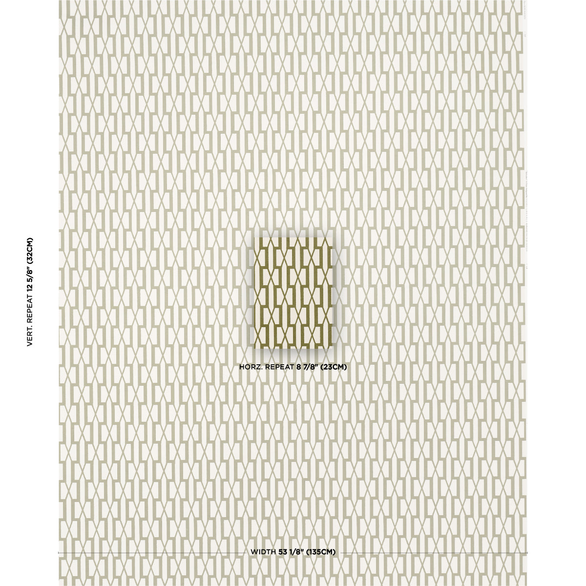 Olive lattice wallpaper with a vertical geometric repeat; centered olive swatch shows texture and scale.