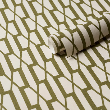 Olive green geometric wallpaper roll with white background & hexagonal lattice pattern, rolled edge.
