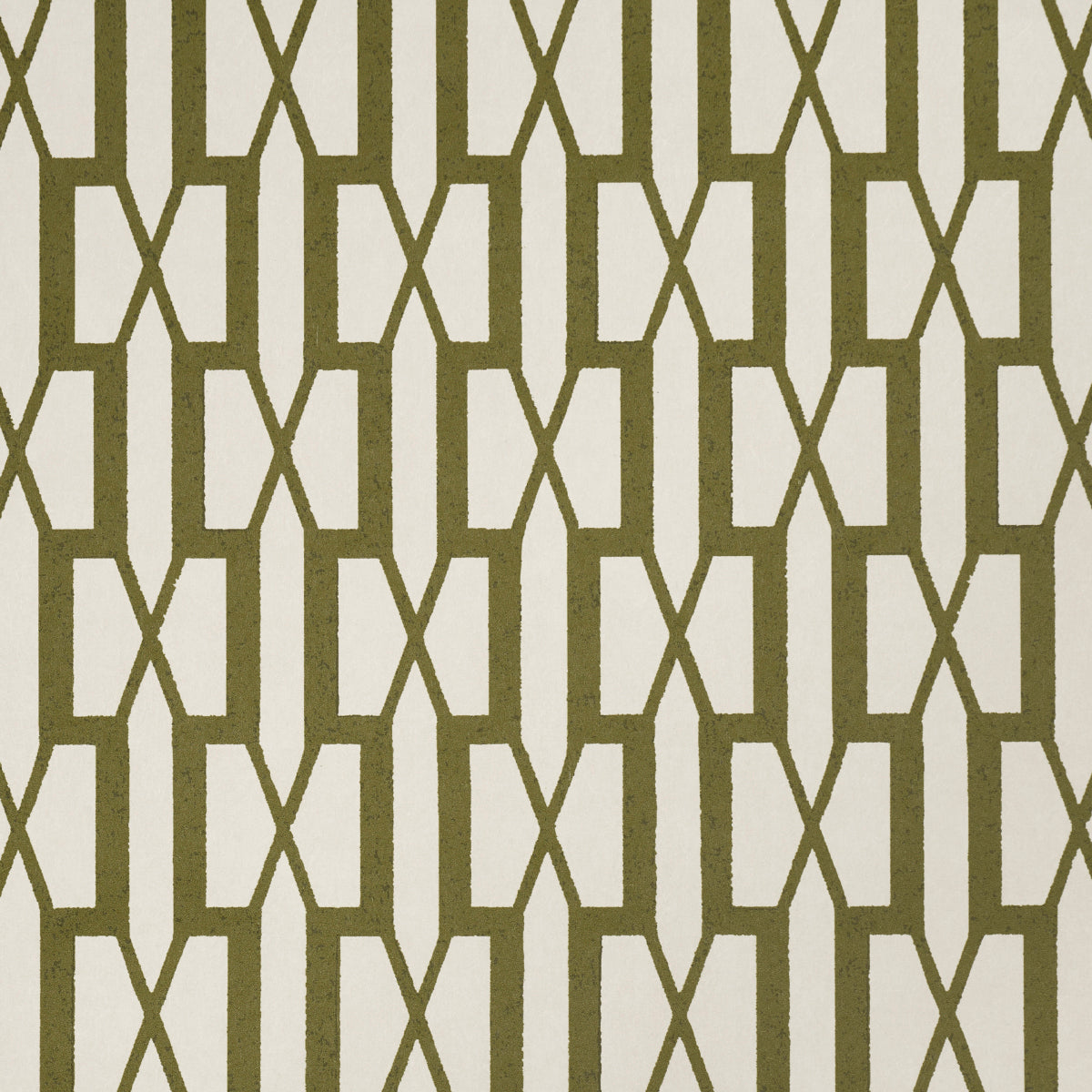Olive-green geometric lattice pattern on beige; interlocking shapes with X accents, mid-century textile style.