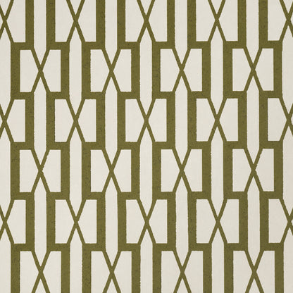 Olive-green geometric lattice pattern on beige; interlocking shapes with X accents, mid-century textile style.