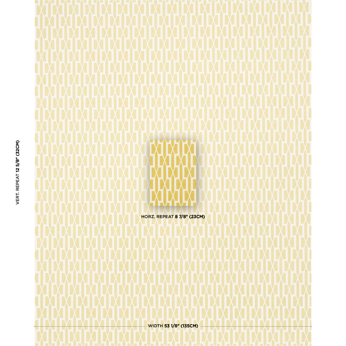 Beige geometric lattice wallpaper in pale yellow tones; repeating vertical pattern with center swatch highlight.
