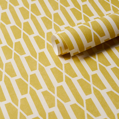 Yellow geometric wallpaper roll with white angular pattern for modern home decor.