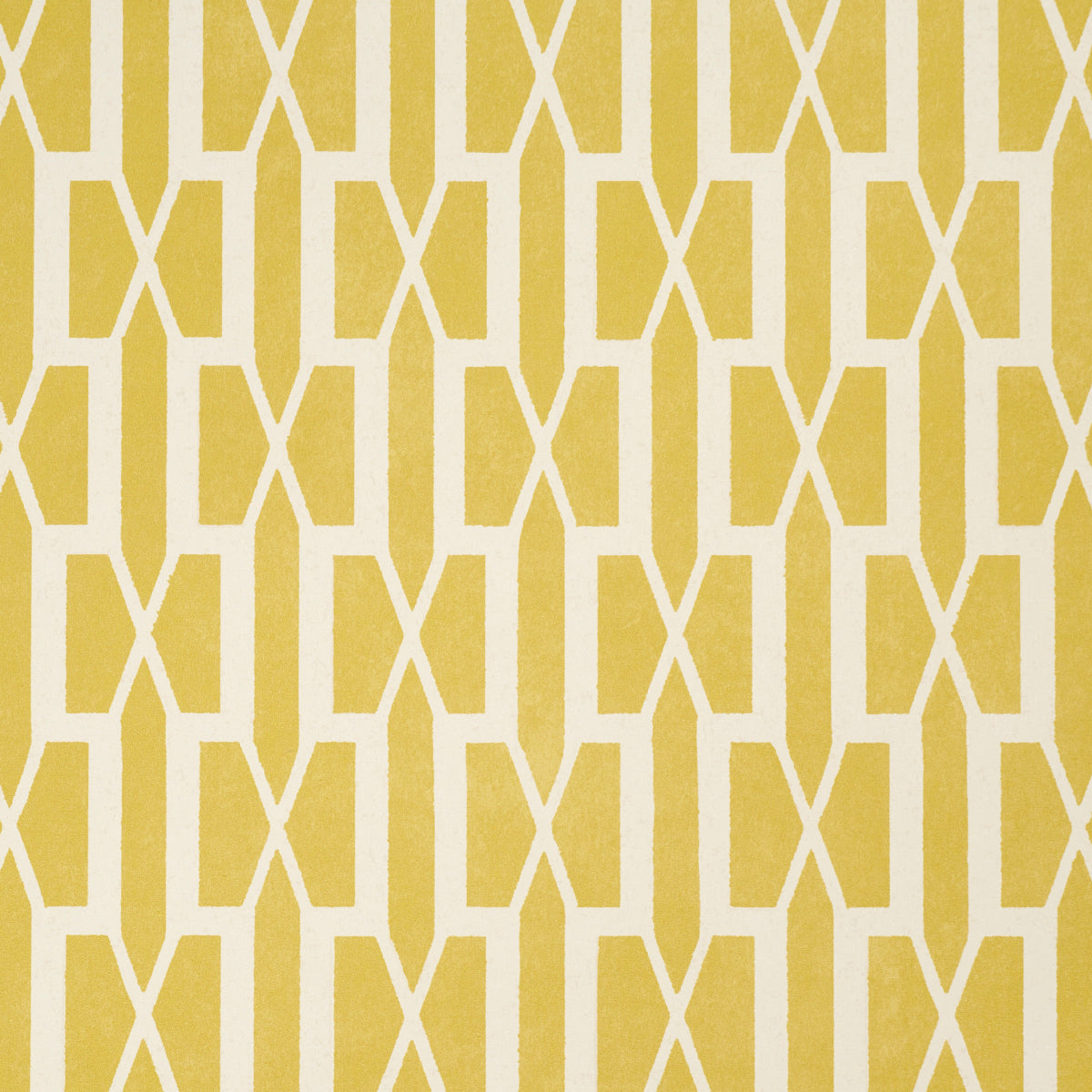Mustard yellow wallpaper with white geometric lattice of interlocking diamonds, mid-century inspired pattern.