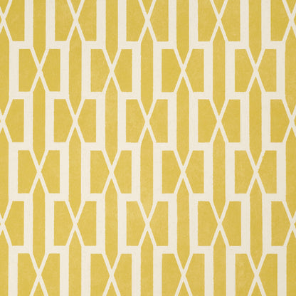 Mustard yellow wallpaper with white geometric lattice of interlocking diamonds, mid-century inspired pattern.