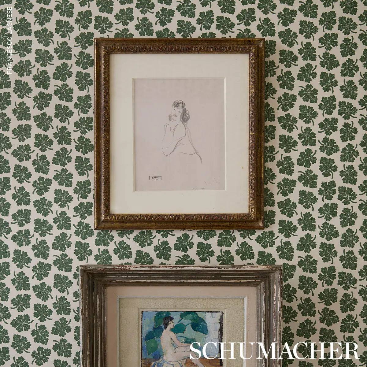 Rita Konig Olive Wallpaper in Green featuring a small-scale botanical leaf pattern inspired by 18th-century wallpaper. Elegant designer wallpaper with a timeless allover motif, ideal for living rooms, bedrooms, dining rooms, hallways, traditional homes, cottage interiors, and sophisticated wall décor.