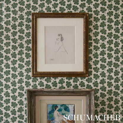 Rita Konig Olive Wallpaper in Green featuring a small-scale botanical leaf pattern inspired by 18th-century wallpaper. Elegant designer wallpaper with a timeless allover motif, ideal for living rooms, bedrooms, dining rooms, hallways, traditional homes, cottage interiors, and sophisticated wall décor.
