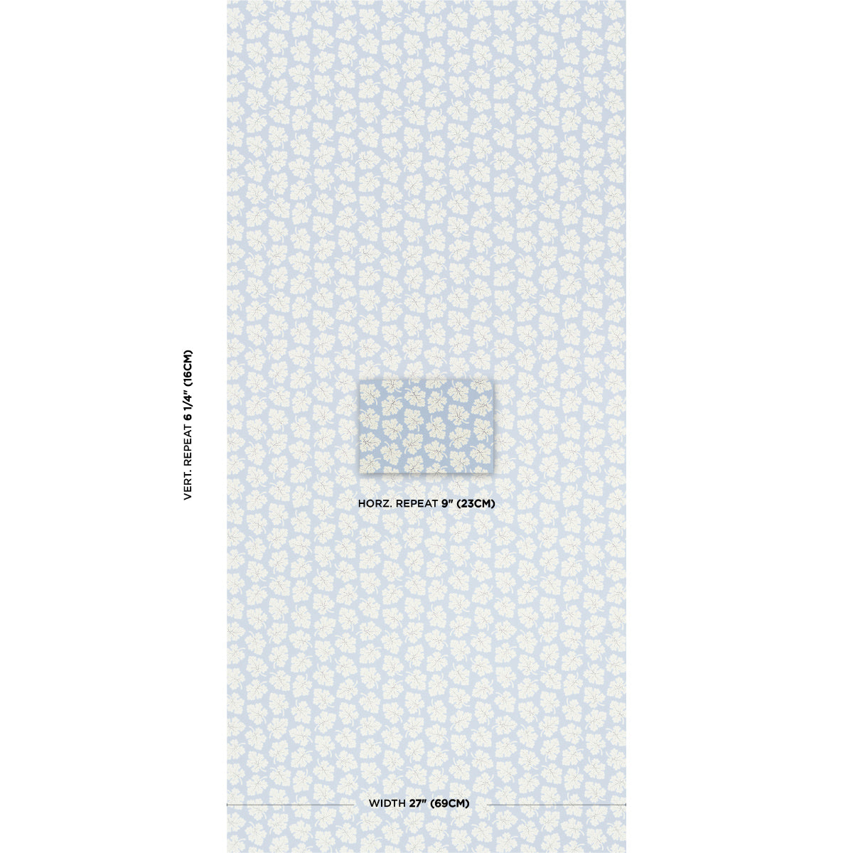 Light blue wallpaper with small white floral pattern; center patch marks the repeat grid.