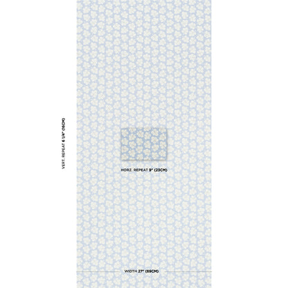 Light blue wallpaper with small white floral pattern; center patch marks the repeat grid.