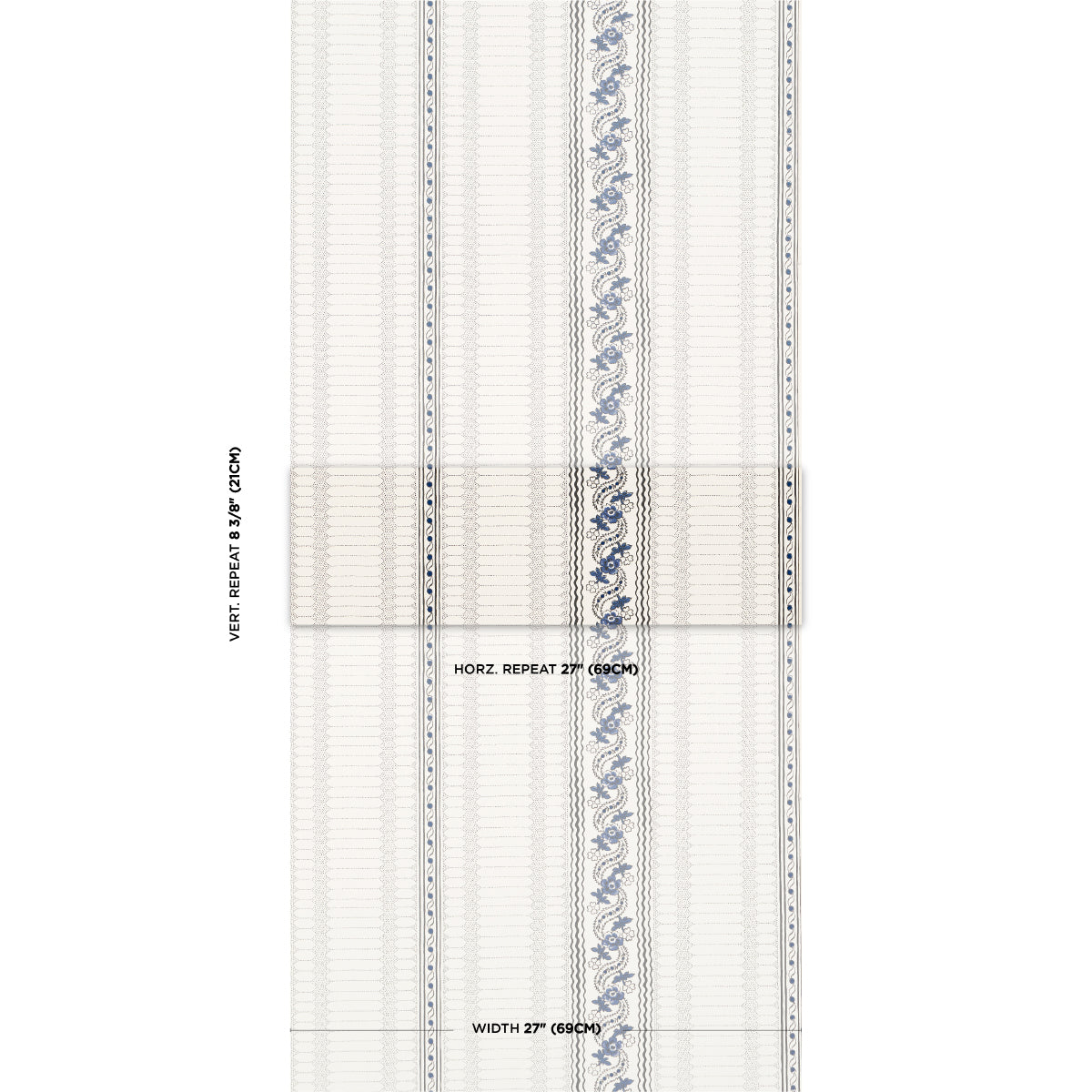 Vertical wallpaper sample with a central blue stripe pattern and subtle vertical lines.