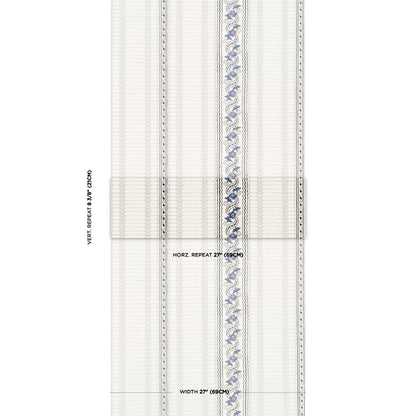 Vertical wallpaper sample with a central blue stripe pattern and subtle vertical lines.