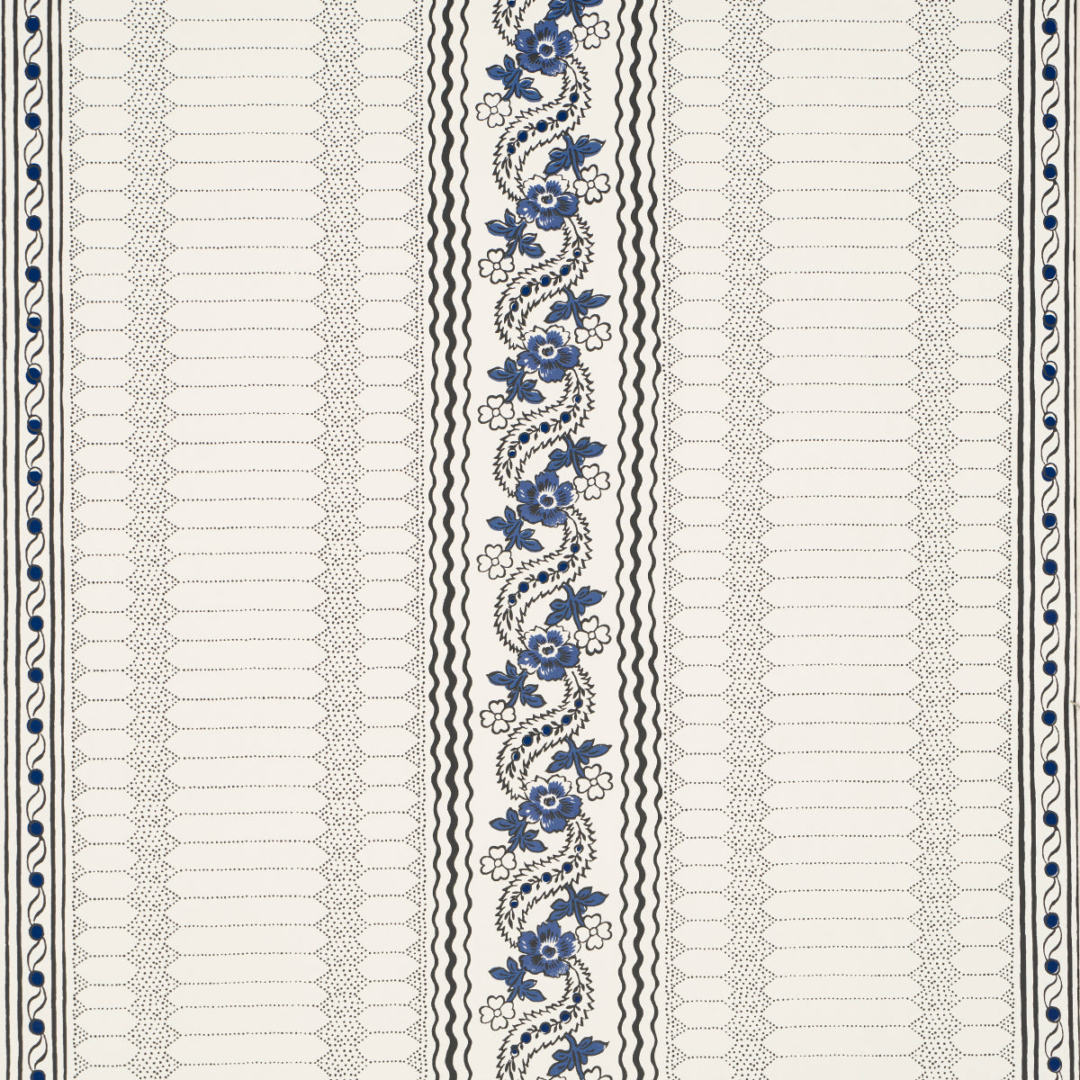 Cream textile with a vertical blue floral vine center, flanked by black zigzag borders and pale geometric side panels.