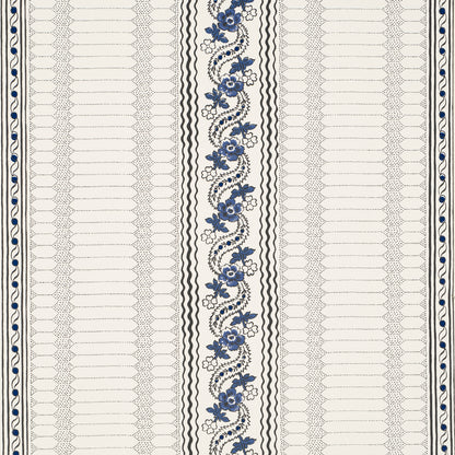 Cream textile with a vertical blue floral vine center, flanked by black zigzag borders and pale geometric side panels.