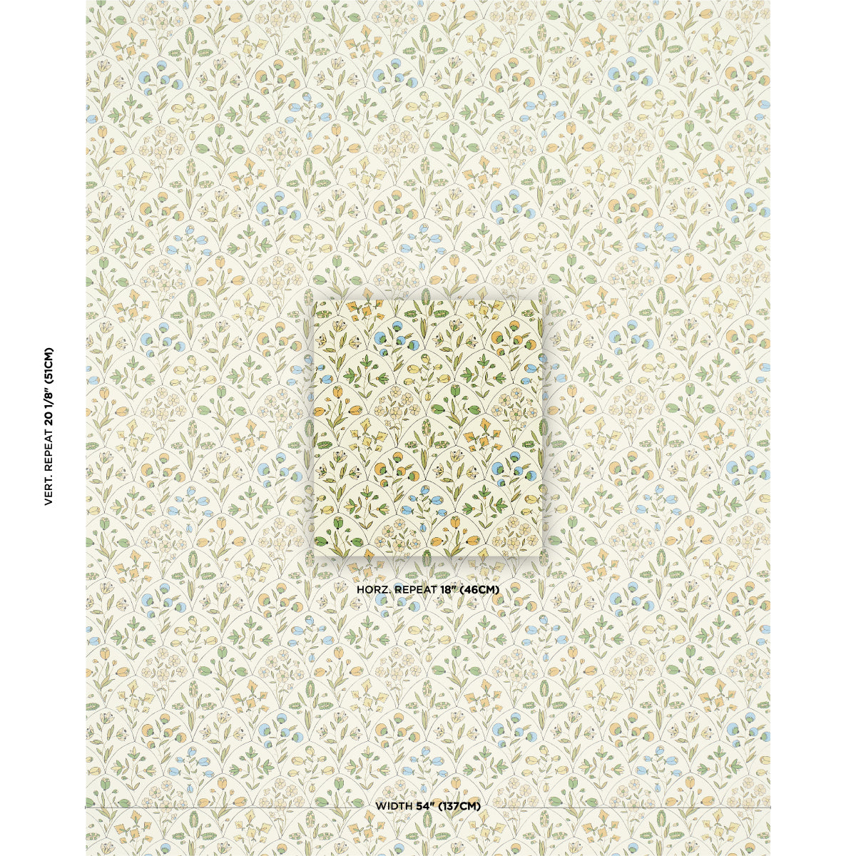 Cream wallpaper with a delicate pastel floral pattern in green, blue, and yellow; vintage-inspired design.