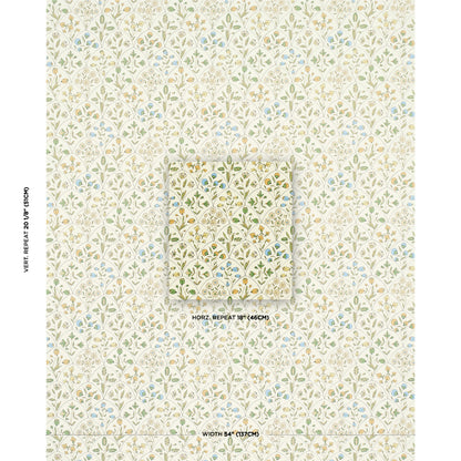 Cream wallpaper with a delicate pastel floral pattern in green, blue, and yellow; vintage-inspired design.