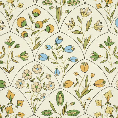 Cream wallpaper featuring repeating arch motifs of leaves and flowers in greens, yellows, and blues; botanical pattern.