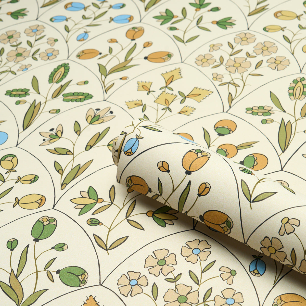 Cream wallpaper with circular medallion pattern of yellow, orange, blue and green flowers and leaves; rolled sheet.