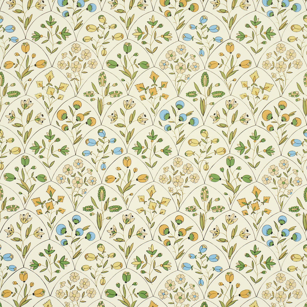 Cream background with repeating botanical vines: green leaves, yellow flowers, and blue berries in arch motifs.