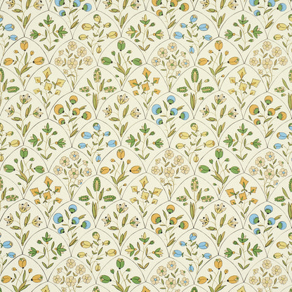 Cream background with repeating botanical vines: green leaves, yellow flowers, and blue berries in arch motifs.