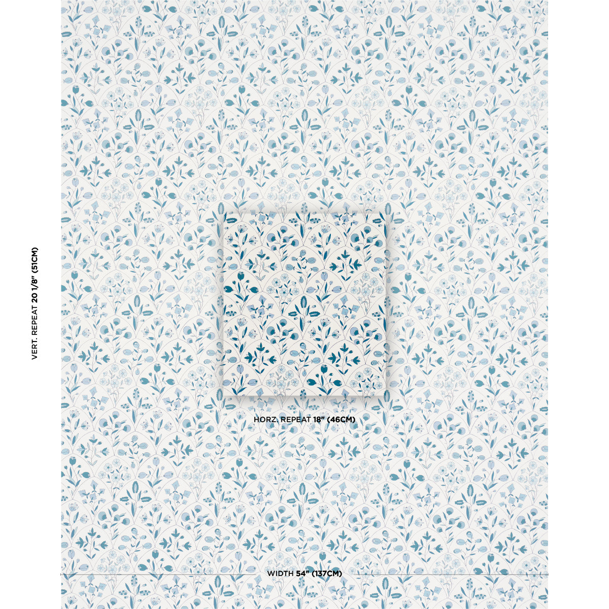 Light blue botanical wallpaper with delicate leafy stems on white; square sample shows a soft, airy floral pattern for walls.