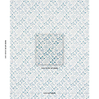 Light blue botanical wallpaper with delicate leafy stems on white; square sample shows a soft, airy floral pattern for walls.
