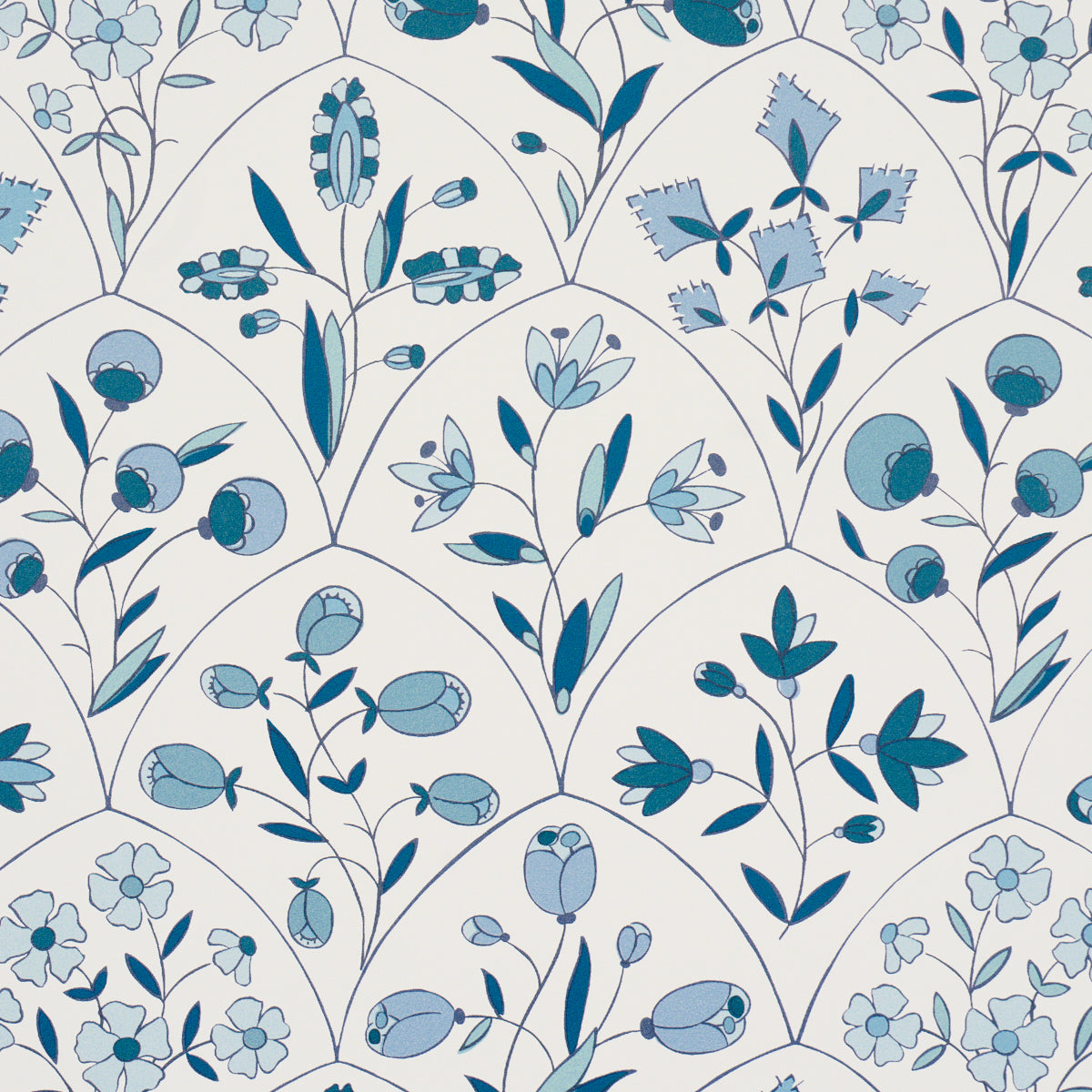 Blue botanical wallpaper pattern with stylized flowers, leaves & buds on a pale background; repeating curved stems.