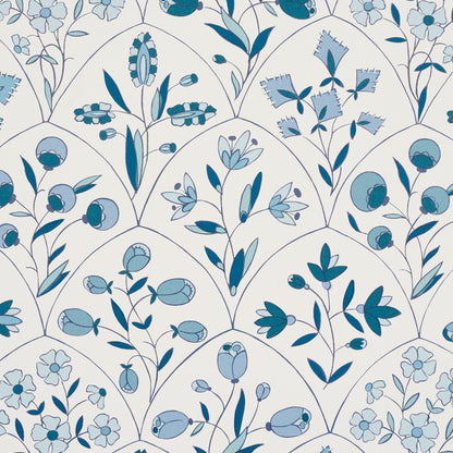 Blue botanical wallpaper pattern with stylized flowers, leaves & buds on a pale background; repeating curved stems.