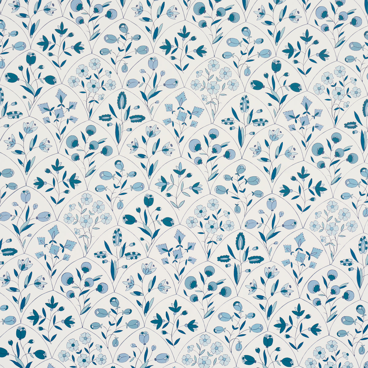 Blue botanical wallpaper with stylized leaves and tiny blossoms in navy and sky blue on white.