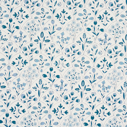 Blue botanical wallpaper with stylized leaves and tiny blossoms in navy and sky blue on white.