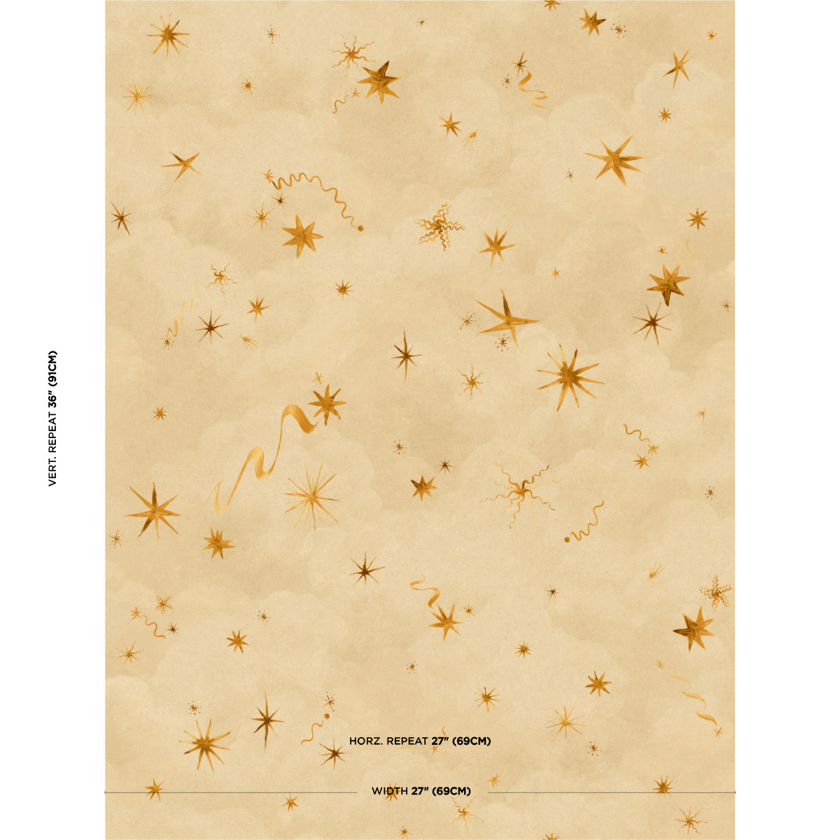 Beige parchment-style background with scattered gold star bursts and curling ribbons; festive celestial pattern.