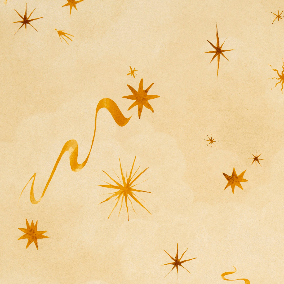 Beige parchment background with orange-gold starbursts and flowing ribbon swirls.