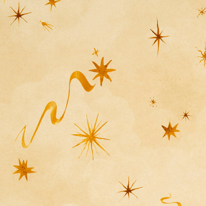 Beige parchment background with orange-gold starbursts and flowing ribbon swirls.