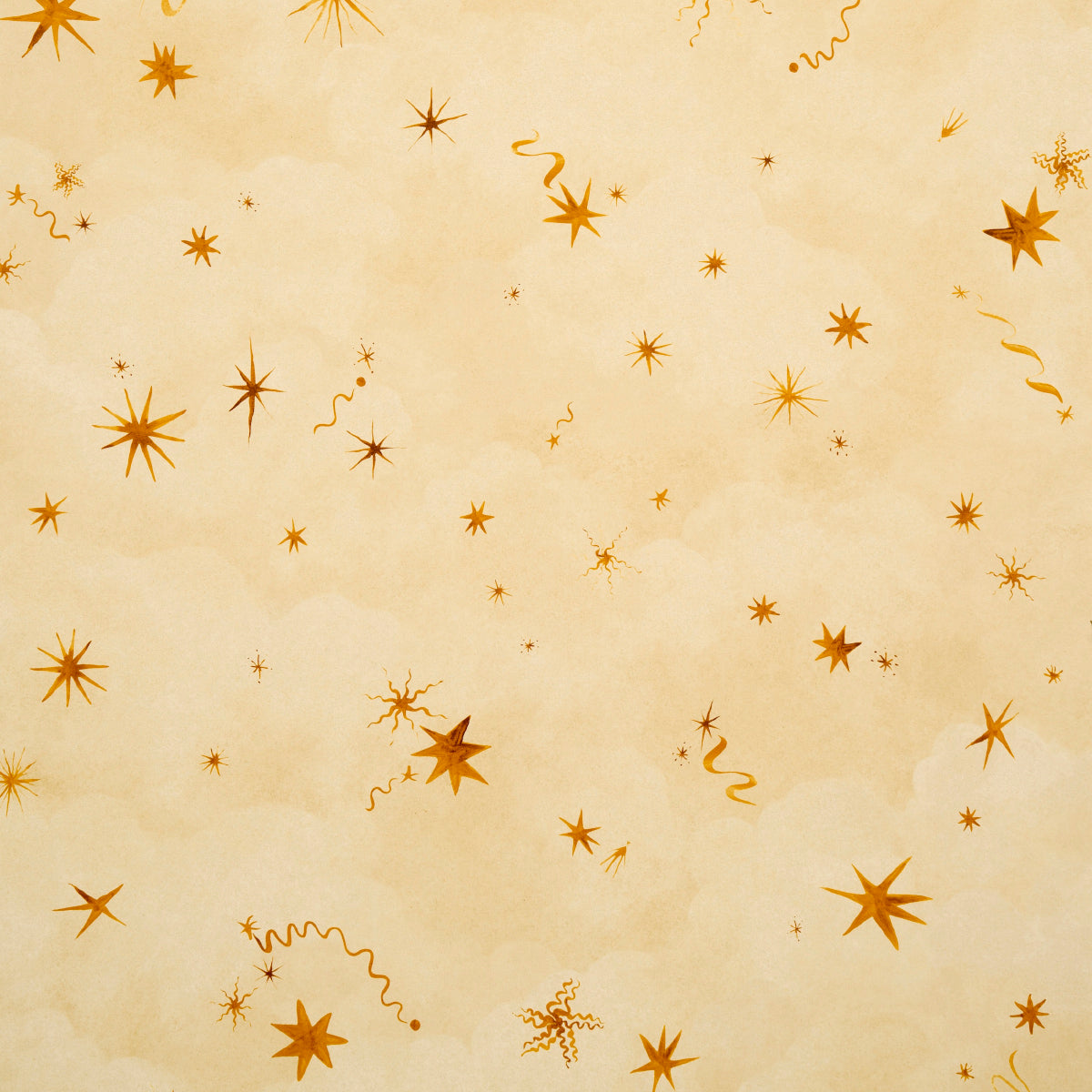 Pale yellow backdrop with orange starbursts and curling ribbons in a festive confetti pattern.
