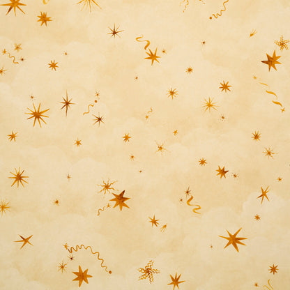 Pale yellow backdrop with orange starbursts and curling ribbons in a festive confetti pattern.