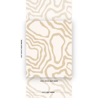 Beige zebra-like wallcovering sample with cream-tan wavy stripes; modern wallpaper for interiors.