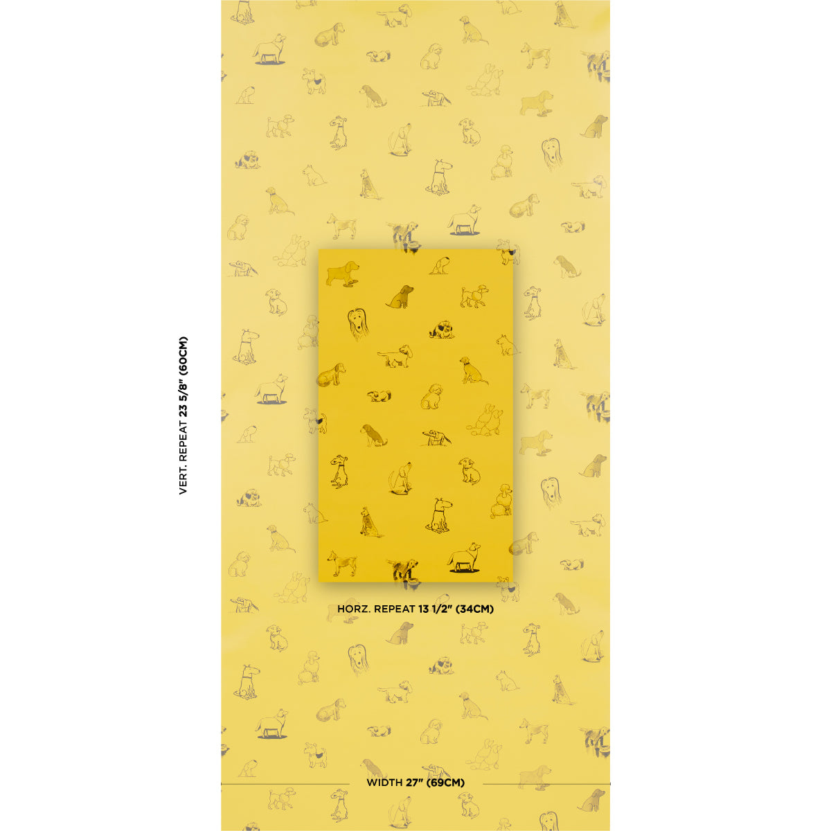 Yellow wallpaper with tiny doodles; central darker yellow swatch demonstrates the repeat pattern; perfect for walls.