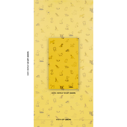Yellow wallpaper with tiny doodles; central darker yellow swatch demonstrates the repeat pattern; perfect for walls.