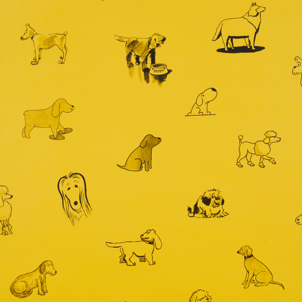 Yellow fabric with small black line-drawn dogs in various poses; playful pattern for textiles.
