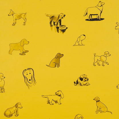 Yellow fabric with small black line-drawn dogs in various poses; playful pattern for textiles.
