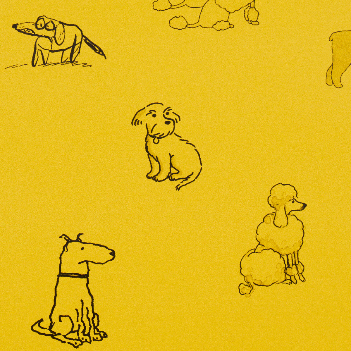 Mustard-yellow fabric with black line-drawn dog illustrations in various breeds and poses.