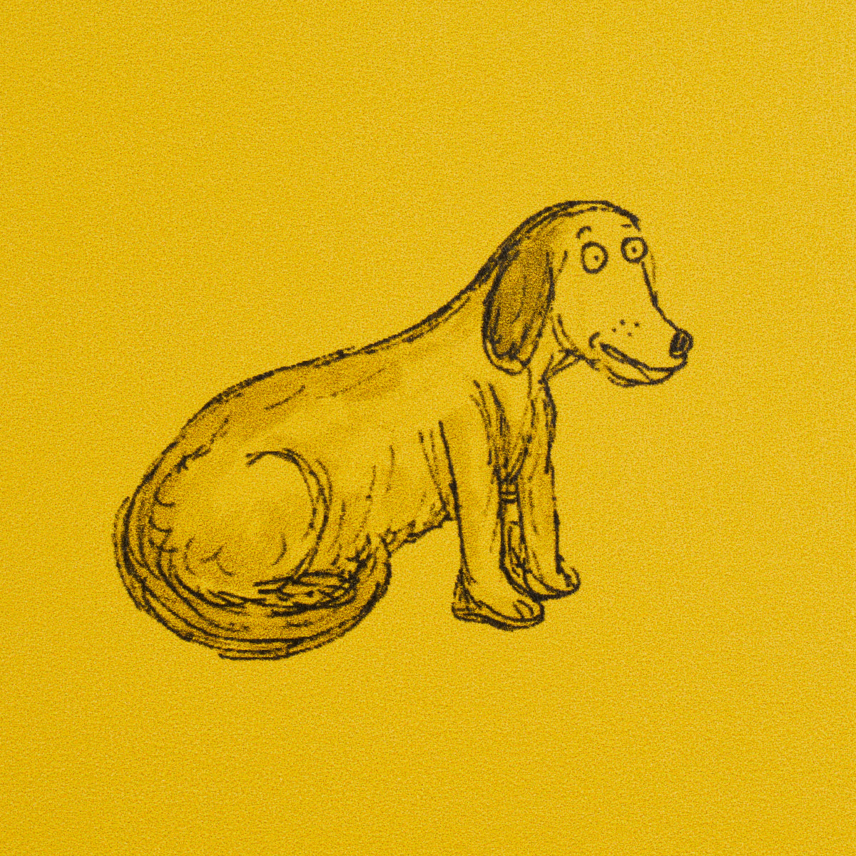 Hand-drawn black pencil sketch of a seated dog on a yellow background.
