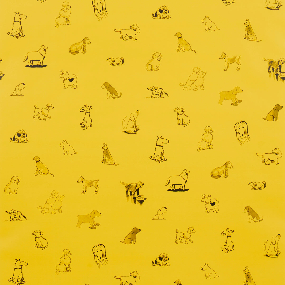 Bright yellow fabric with scattered black dog doodles in various poses; playful dog-print textile.