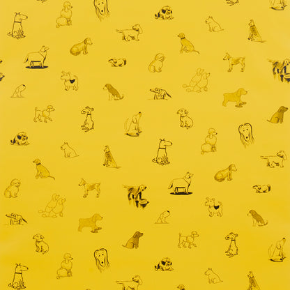 Bright yellow fabric with scattered black dog doodles in various poses; playful dog-print textile.