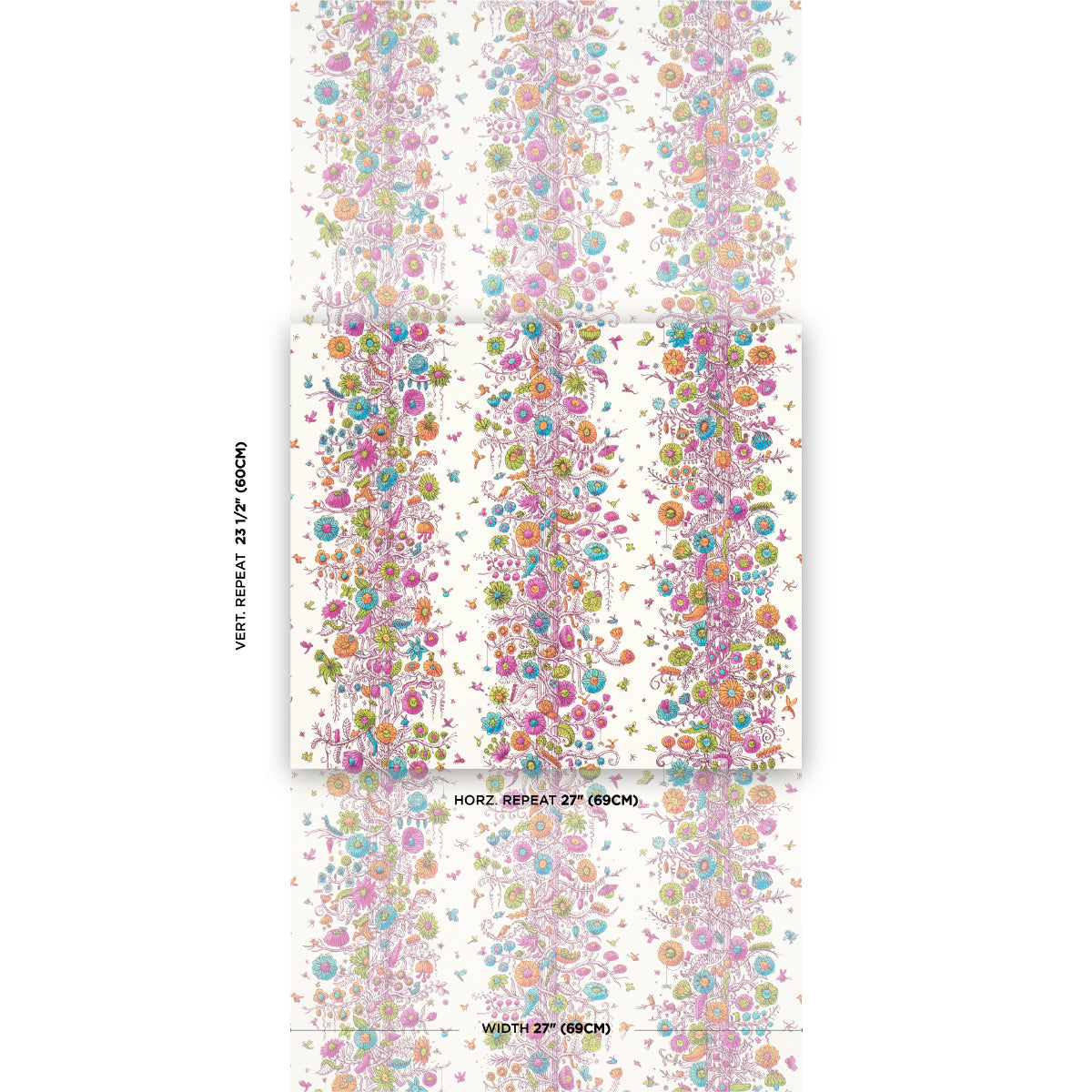 Wallpaper featuring a multicolor burst of flowers in a repeating towers-of-flowers pattern.