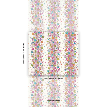 Wallpaper featuring a multicolor burst of flowers in a repeating towers-of-flowers pattern.