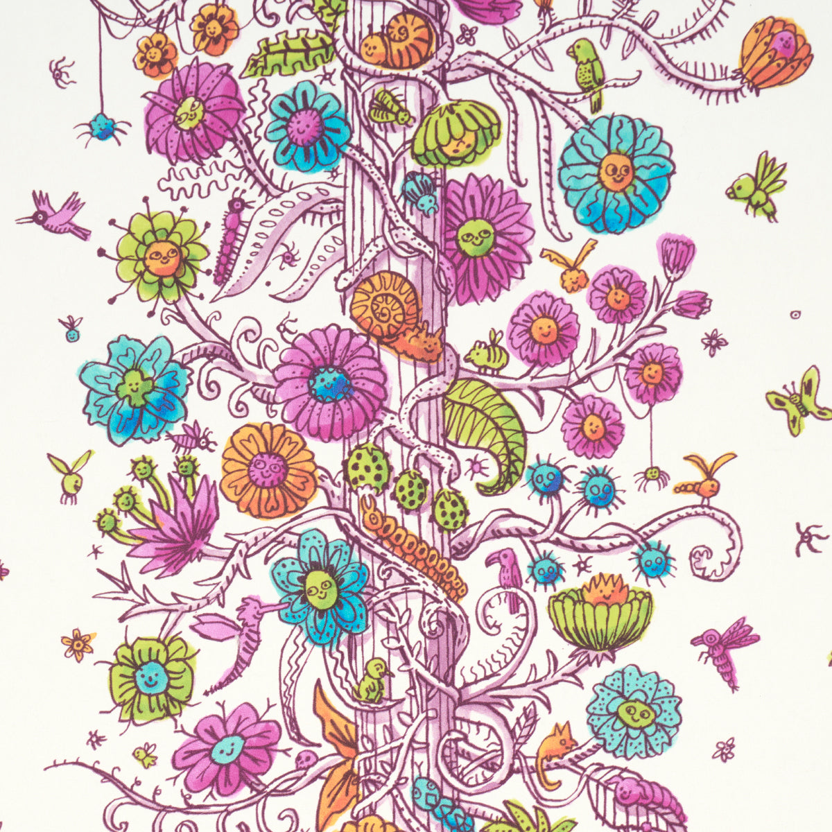 Whimsical floral tree pattern with smiling pink, blue, green & orange blossoms; vibrant garden design for fabric or wallpaper