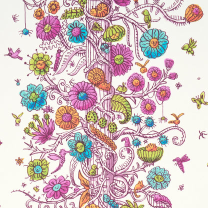 Whimsical floral tree pattern with smiling pink, blue, green & orange blossoms; vibrant garden design for fabric or wallpaper