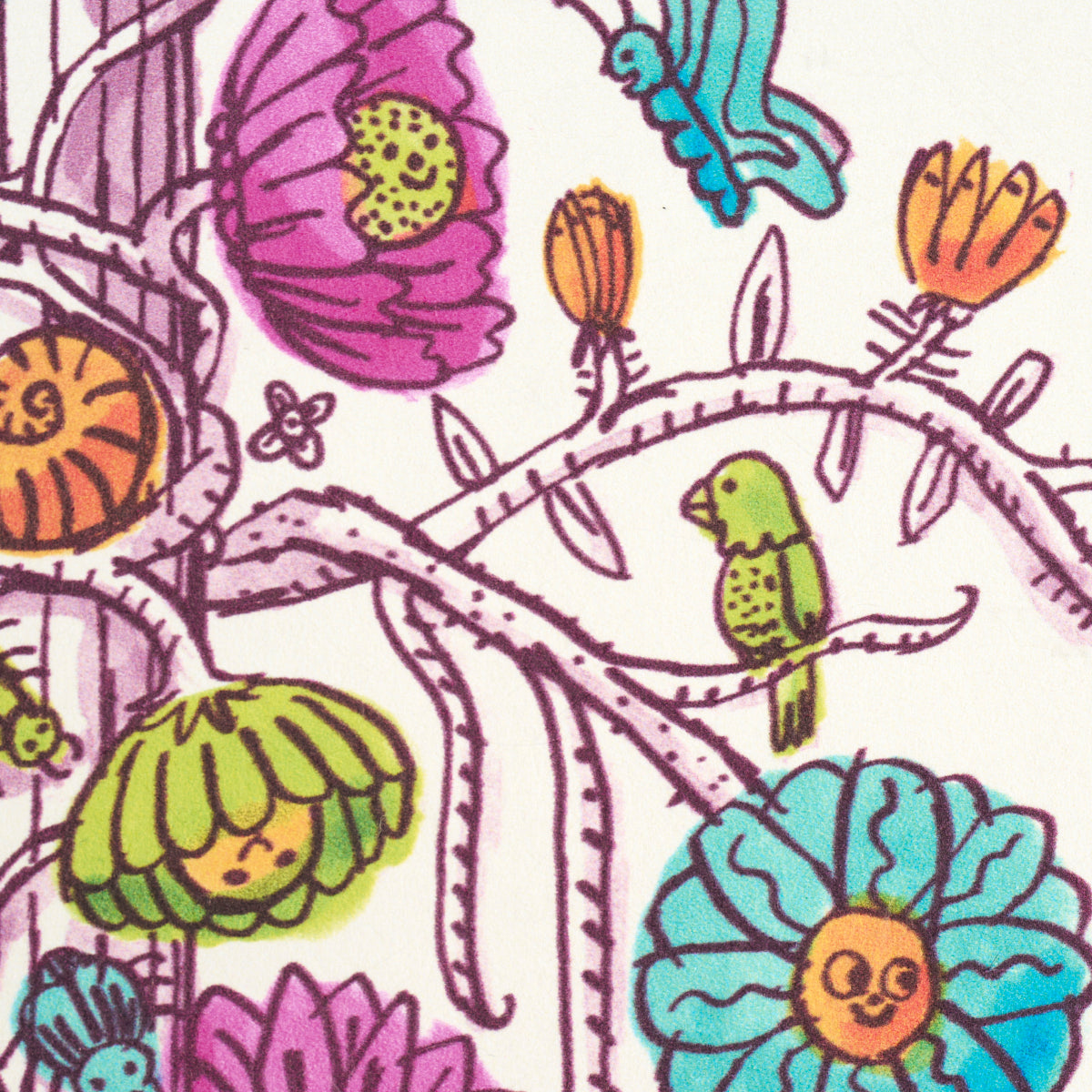 Whimsical doodle garden with twisting vines, bright pink and blue flowers, green leaves, and a small green bird.