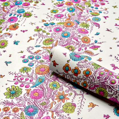 White paper with a vibrant whimsical botanical print of pink, purple, blue and orange flowers and vines; rolled corner.